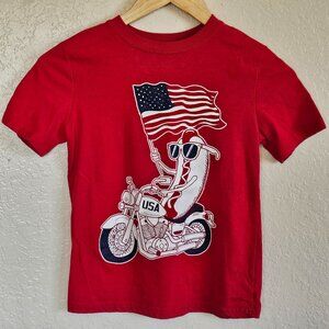 Kids Red City Streets T-Shirt Hot Dog On Motorcycle USA Flag Graphic S 8